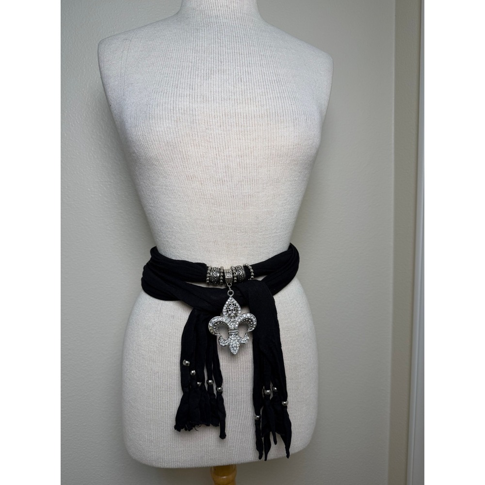 Multi Way Black Jersey Wrap Scarf Belt Rhinestone Fleur De Lis Pendant Fringe